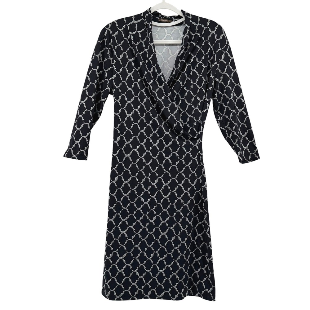 J. McLaughlin Black White Geometric Faux Wrap Dress Womens Small 3/4 Sleeve
